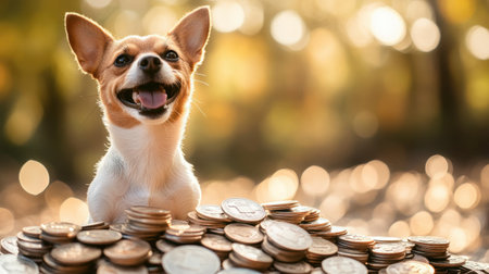 A joyful dog with a big smile sits amidst piles of shiny coins, capturing a playful moment in nature. The warm sunlight and bokeh background enhance the positive atmosphere.の素材