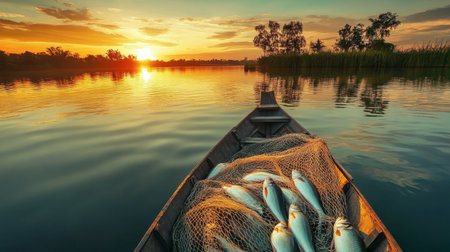 A serene sunset reflects on calm waters, showcasing a wooden fishing boat filled with fresh catch. Nature's beauty at dusk creates a perfect outdoor scene.の素材