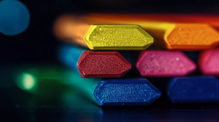 A close-up view of colorful crayons stacked together, showcasing their textured ends. Ideal for creative projects or educational themes in art.の素材