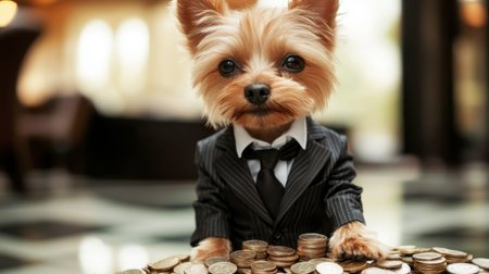 A charming dog dressed in a business suit sits confidently among piles of coins, showcasing a playful yet professional vibe perfect for finance topics.の素材