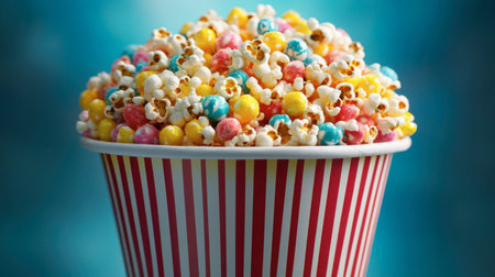 A vibrant cup of colorful popcorn elevates any snack time occasion. Perfect for parties, movies, or casual gatherings, this treat brings joy and flavor.の素材