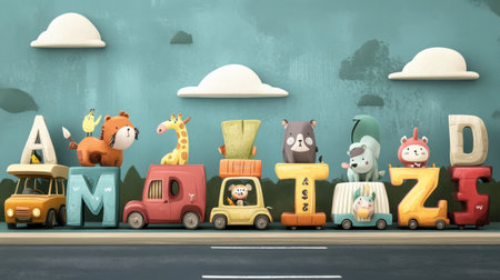 A vibrant illustration featuring playful cartoon animals alongside colorful toy cars and letters, perfect for children's educational themes and decor.の素材