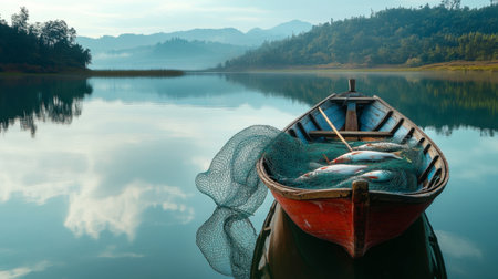 A serene scene featuring a wooden boat resting on a calm lake, surrounded by misty mountains. The tranquil water reflects the breathtaking landscape, inviting a sense of peace and relaxation.の素材