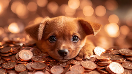 A playful puppy lays on a pile of gleaming coins, surrounded by a warm bokeh background. This adorable image captures innocence and joy, perfect for pet lovers and financial themes.の素材