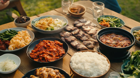 Enjoy a vibrant outdoor feast featuring a variety of Korean dishes, including meats, vegetables, and rice, perfect for sharing with family and friends.の素材