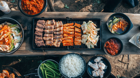 A tempting BBQ spread featuring grilled meats and various side dishes, perfect for outdoor dining. Experience vibrant flavors and fresh ingredients.の素材