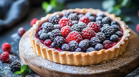 A delightful berry tart adorned with fresh raspberries and blackberries, dusted with powdered sugar, perfect for any gathering or celebration.の素材