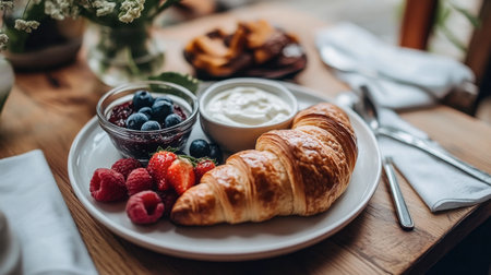 A beautiful breakfast platter featuring a golden croissant, fresh berries, and creamy yogurt, perfect for a cozy morning setting. Ideal for food photography.の素材