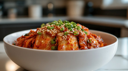 A close-up of vibrant kimchi garnished with green onion and sesame seeds, showcasing its colorful, appetizing presentation perfect for any meal.の素材