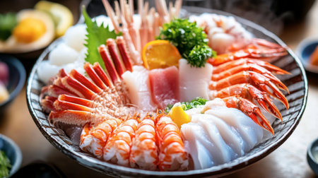 A colorful seafood platter featuring an array of fresh sashimi, shrimp, and vibrant garnishes. A perfect choice for seafood enthusiasts and dining occasions.の素材
