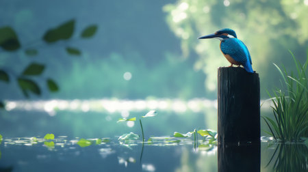 A vibrant kingfisher sits on a wooden post beside a serene waterway, surrounded by lush greenery. The tranquil scene captures the beauty of nature.の素材