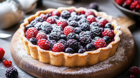 A beautifully presented fresh berry tart topped with an array of blueberries, raspberries, and blackberries, dusted with powdered sugar on a wooden board.の素材