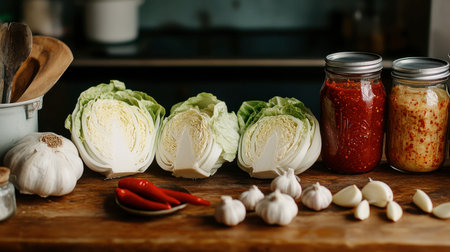 A beautiful display of fresh cabbage, garlic, and chili peppers on a rustic kitchen table, perfect for cooking enthusiasts or healthy meal preparation.の素材