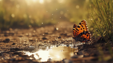 A stunning butterfly rests by a small pool of water, reflecting sunlight in a serene natural setting. Perfect for themes of beauty and tranquility in nature.の素材