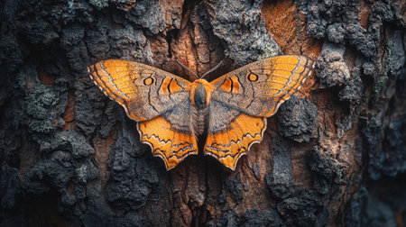 This striking image features a vibrant orange butterfly resting on rugged tree bark, showcasing intricate wing patterns and highlighting the beauty of nature.の素材