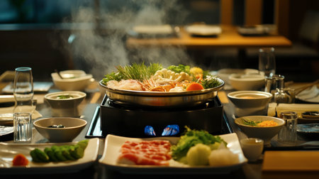 A steaming hot pot meal set on a dining table features a variety of fresh ingredients ready for cooking. Ideal for family gatherings or cozy dinners.の素材