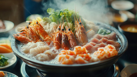 A vibrant seafood platter featuring shrimp, fish, and fresh garnishes in steaming broth. Ideal for cooking enthusiasts and gourmet dining experiences.の素材