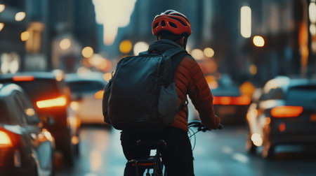 A cyclist navigates through city traffic at dusk, showcasing the blend of urban movement and lifestyle. The scene captures the essence of commuting in a busy metropolis.の素材