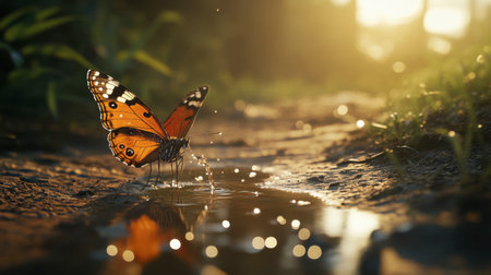 A stunning orange butterfly perches by sparkling water, capturing nature's beauty. Sunlight filters through leaves, creating a serene and vibrant scene.の素材