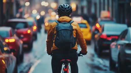 A cyclist in a bright yellow jacket navigates through bustling city traffic, capturing the essence of urban commuting despite the rain and vibrant city lights.の素材