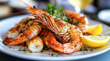 A vibrant plate of grilled shrimp garnished with herbs and lemon. Ideal for food lovers, this seafood dish highlights fresh ingredients and gourmet presentation.の素材