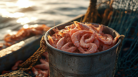 A bucket filled with fresh shrimp captured on a fishing boat, showcasing the beauty of seafood harvest against a shimmering ocean backdrop.の素材