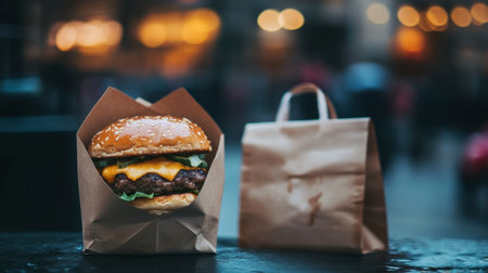 A mouthwatering cheeseburger with melted cheese and fresh lettuce in a takeout box, perfect for a quick meal on the go in an urban setting.の素材
