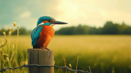 A vibrant kingfisher sits gracefully on a weathered wooden post, capturing the essence of natureの素材