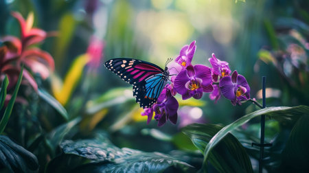 A stunning butterfly perched on a vibrant orchid in a lush garden setting. This captivating image showcases the beauty of nature and the delicate harmony of wildlife.の素材