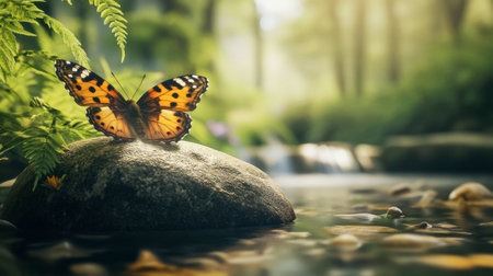 A vibrant butterfly perched gracefully on a smooth rock near a tranquil stream in a lush forest. The scene captures the essence of peaceful nature.の素材