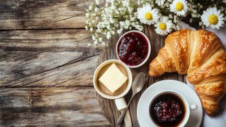 Enjoy a delightful breakfast scene featuring a fresh croissant, coffee, and jam, complemented by charming flowers on a rustic wooden table. Perfect for cozy mornings.の素材