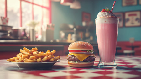 A delicious cheeseburger served with crispy fries and a refreshing milkshake, creating a delightful meal in a retro diner setting. Perfect for food lovers!の素材