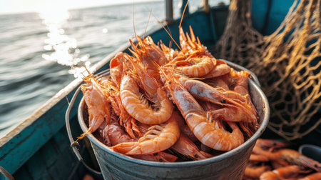 A bucket filled with freshly caught shrimp, illuminated by sunlight, captures the essence of coastal fishing and seafood cuisine by the sea.の素材