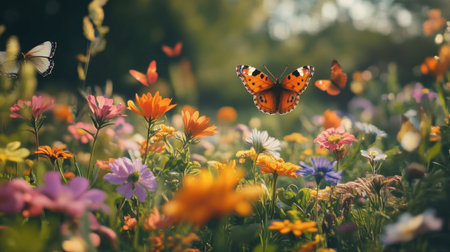 A stunning display of colorful butterflies fluttering among a blooming flower field. This serene scene captures the beauty of nature in full bloom.の素材