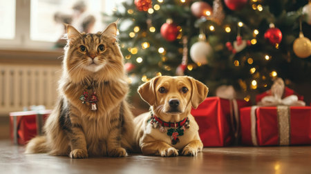 Two adorable pets sit together by a beautifully decorated Christmas tree, surrounded by colorful gifts, capturing the joy and warmth of the holiday season.の素材