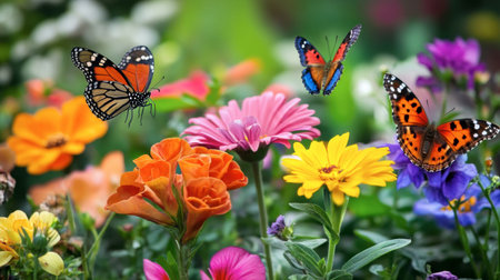 A vivid scene featuring colorful butterflies fluttering among bright flowers in a lush garden. Perfect for showcasing nature's beauty and tranquility.の素材