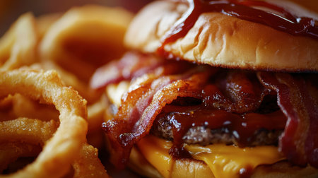A mouthwatering bacon burger topped with BBQ sauce and melted cheese, served alongside crispy onion ringsの素材