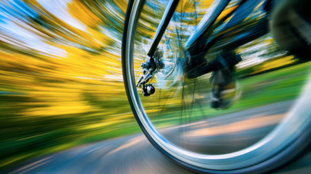 A dynamic shot capturing the fast motion of a bicycle wheel, surrounded by vibrant greenery. Perfect for showcasing adventure and outdoor activity themes.の素材