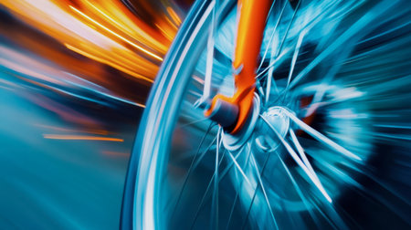 A captivating close-up of a bike wheel in motion, showcasing vibrant orange hues against a colorful blur. Perfect for themes of speed, adventure, and cycling.の素材