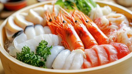 A beautifully arranged sushi platter featuring a variety of fresh seafood, including shrimp, fish, and garnishes, perfect for culinary enthusiasts.の素材