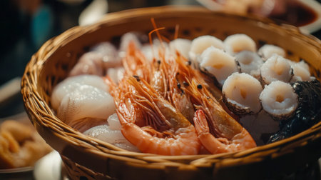 A vibrant seafood platter featuring fresh shrimp, octopus, and assorted shellfish presented in a traditional bamboo basket, ideal for culinary exploration.の素材