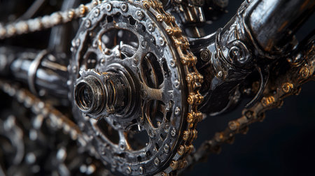 Explore the intricate details of a bicycle gear and chain mechanism. This close-up shot highlights the craftsmanship and precision of mechanical engineering in cycling technology.の素材