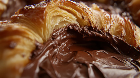 A close-up view of a flaky croissant layered with rich chocolate spread, showcasing the delightful texture and indulgence of gourmet pastry. Perfect for food lovers.の素材
