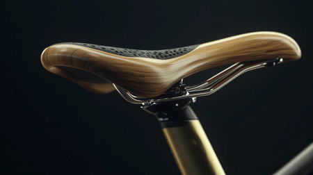 A close-up view of an elegant wooden bicycle seat showcasing exquisite craftsmanship and modern design elements against a dark background.の素材