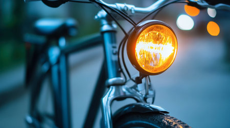 A close-up view of a city bicycle featuring a glowing front light at dusk, highlighting urban transportation and safety in a serene evening setting.の素材