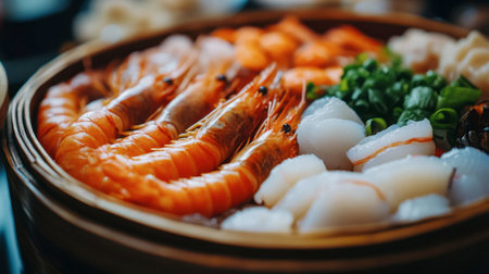 A vibrant seafood platter showcasing fresh shrimp and scallops, served in a bamboo basket. Ideal for culinary enthusiasts seeking delicious and healthy options.の素材