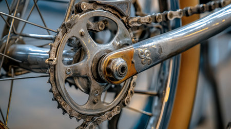 Close-up view of a vintage bicycle gear mechanism showcasing the intricate details and craftsmanship of metal components, perfect for transport themes.の素材