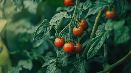 A closeup of fresh cherry tomatoes growing on a green vine, showcasing vibrant colors and healthy foliage, perfect for illustrating garden freshness and agriculture.の素材