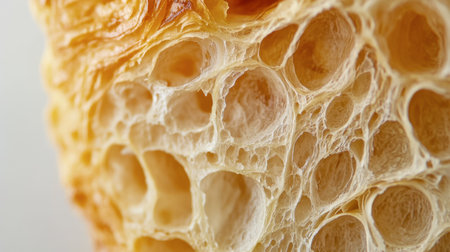 This close-up image showcases the intricate texture of a bread crust, highlighting the airy bubbles and golden surface that make it visually appealing and delicious.の素材