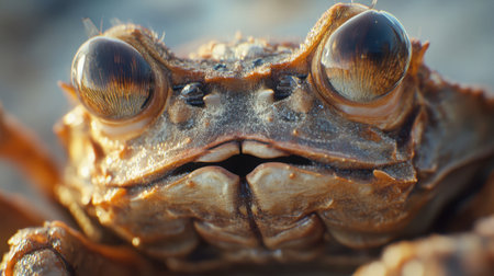 This captivating close-up showcases a unique crab with oversized eyes, highlighting the intricate details of its shell and texture in a natural environment.の素材